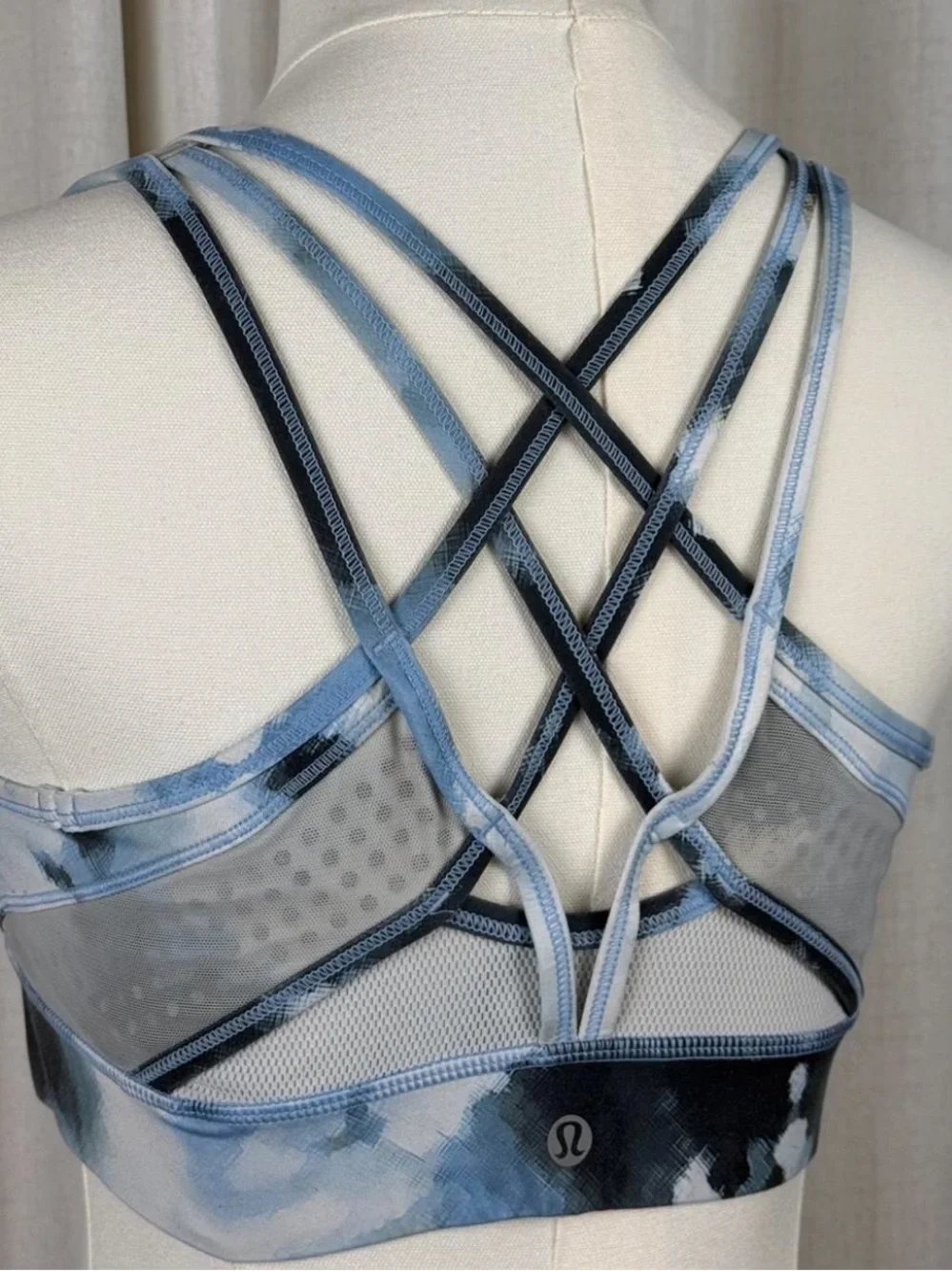 lululemon blue tie-dye strappy sports bra with crisscross back